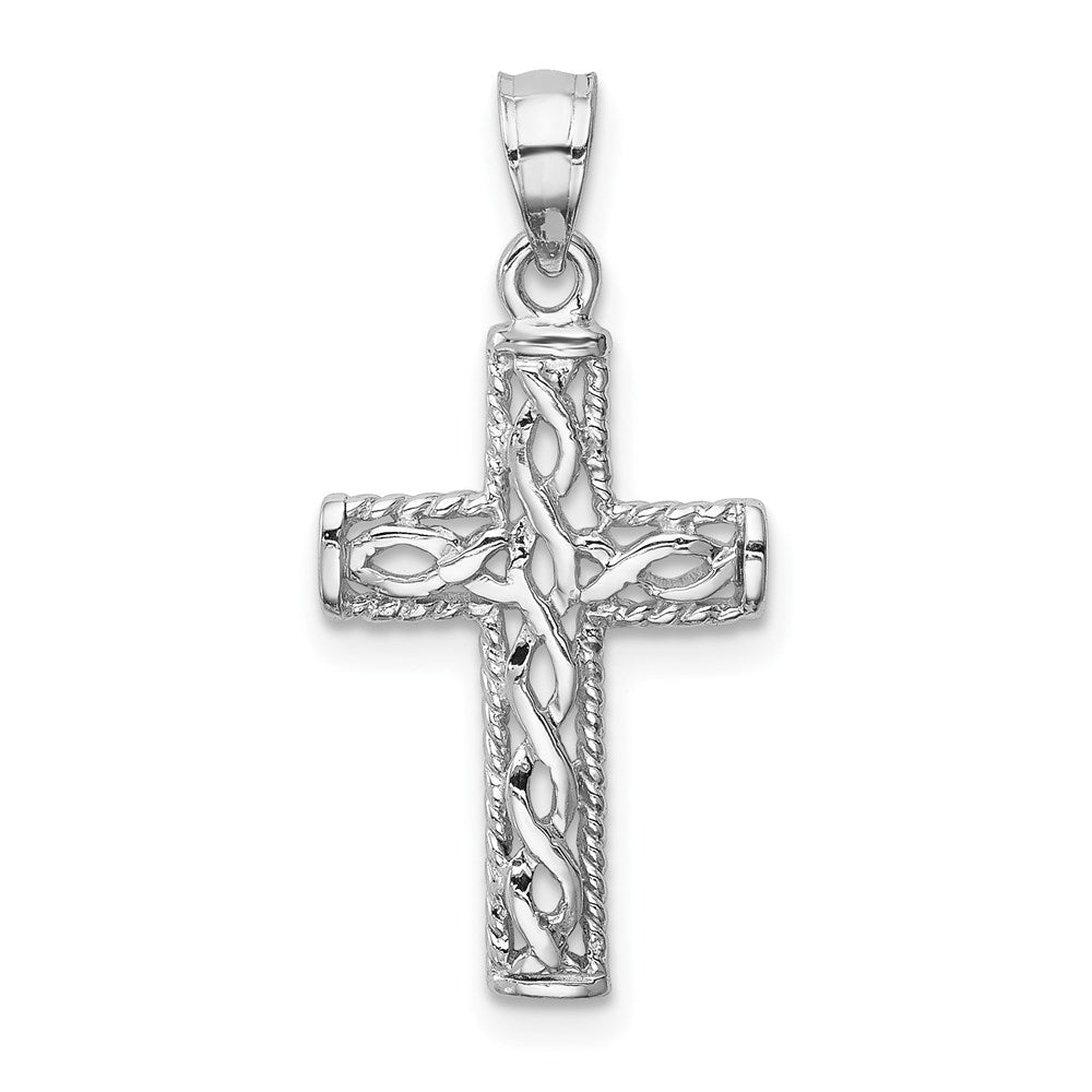 14K White Polished Braided Cross Pendant-D4641