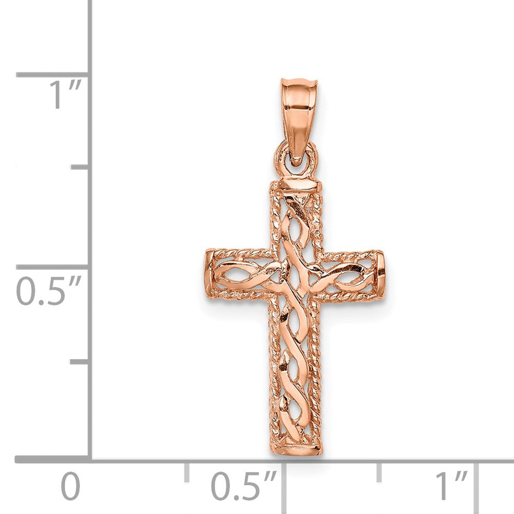 14K Rose Polished Braided Cross Pendant-D4643