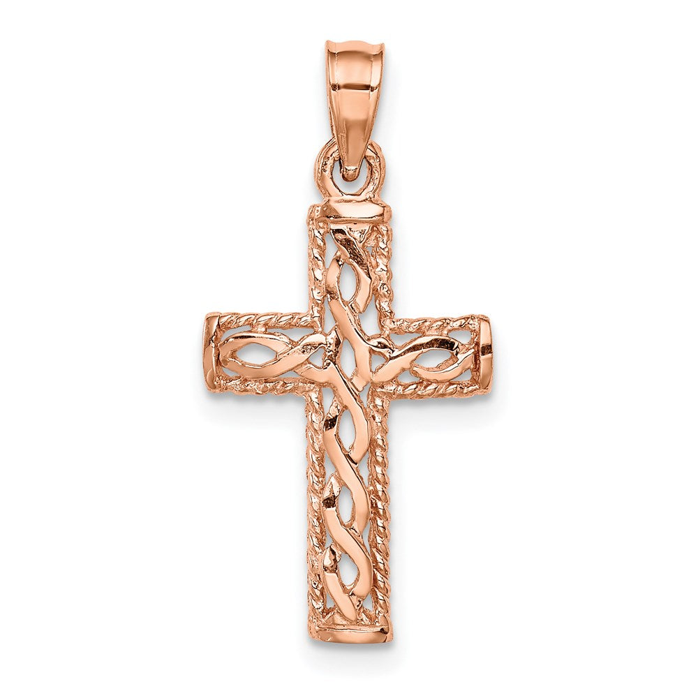 14K Rose Polished Braided Cross Pendant-D4643