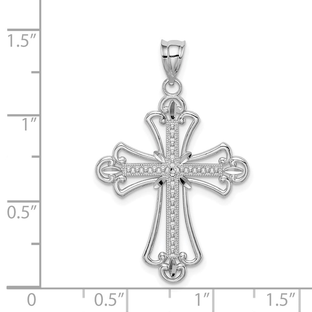 14K White Polished Diamond-cut Textured Cross Pendant-D4648