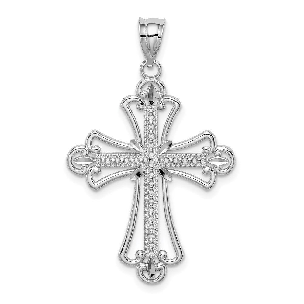 14K White Polished Diamond-cut Textured Cross Pendant-D4648