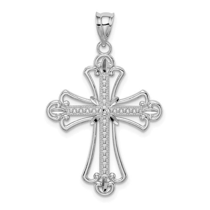 14K White Polished Diamond-cut Textured Cross Pendant-D4648