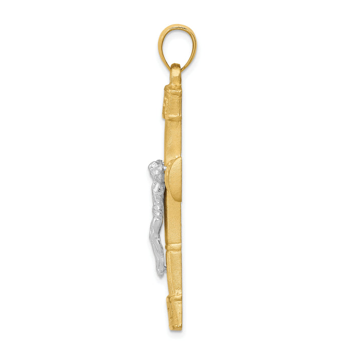 14K Two-tone Brushed & Polished Greek Key Crucifix Pendant-D4658