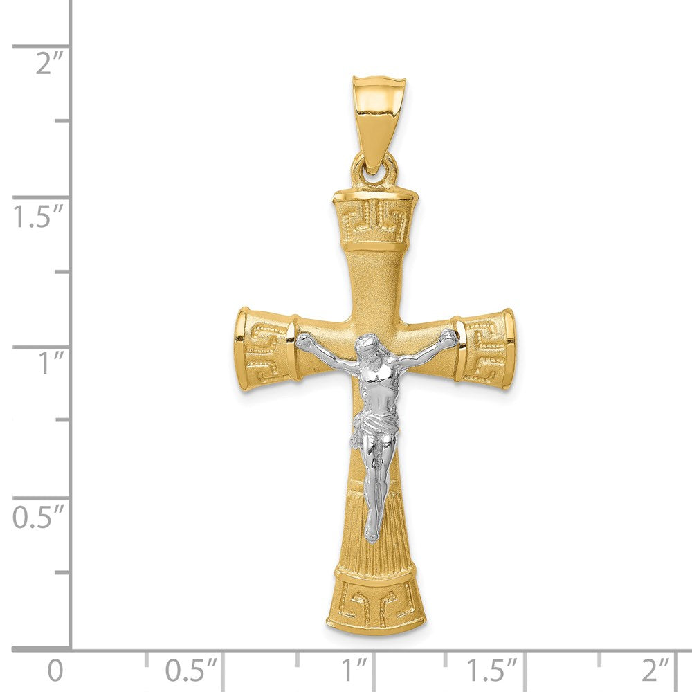 14K Two-tone Brushed & Polished Greek Key Crucifix Pendant-D4658
