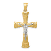 14K Two-tone Brushed & Polished Greek Key Crucifix Pendant-D4658