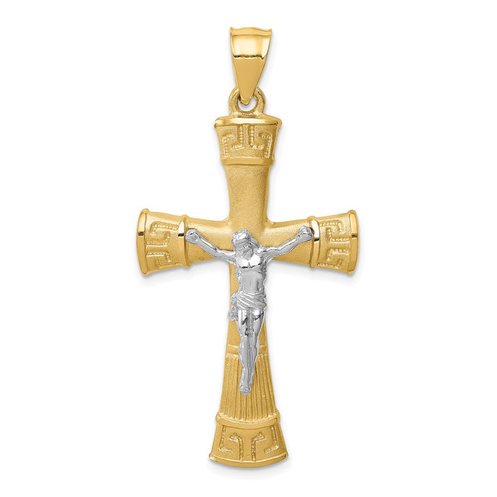 14K Two-tone Brushed & Polished Greek Key Crucifix Pendant-D4658