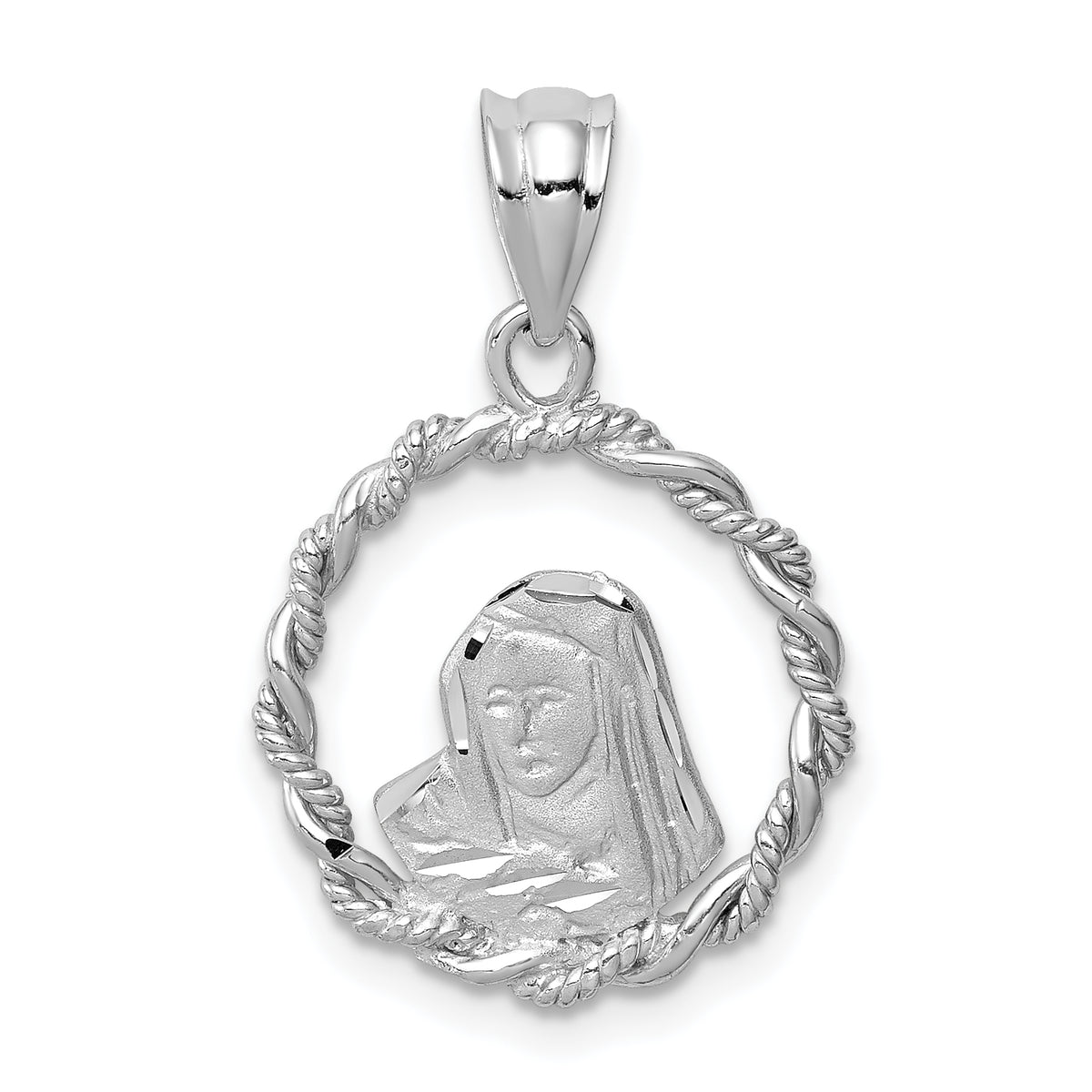14K White Brushed & Polished Diamond-cut Virgin Mary Pendant-D4681
