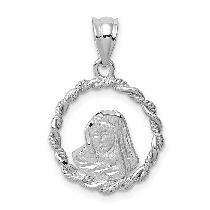 14K White Brushed & Polished Diamond-cut Virgin Mary Pendant-D4681