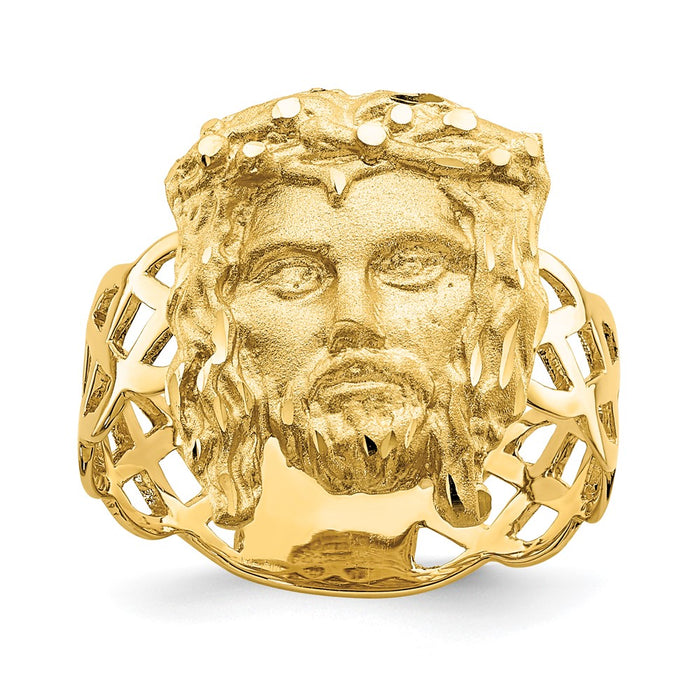 14K Brushed & Polished D/C Jesus Head Ring-D4715