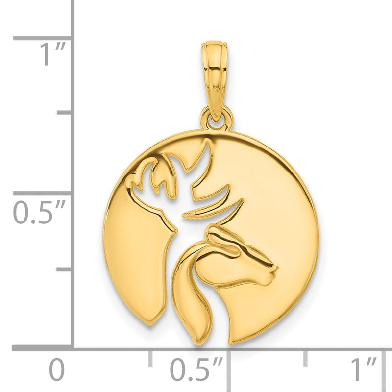 14k Polished Cut-out Deer Head Circle Pendant-D5270