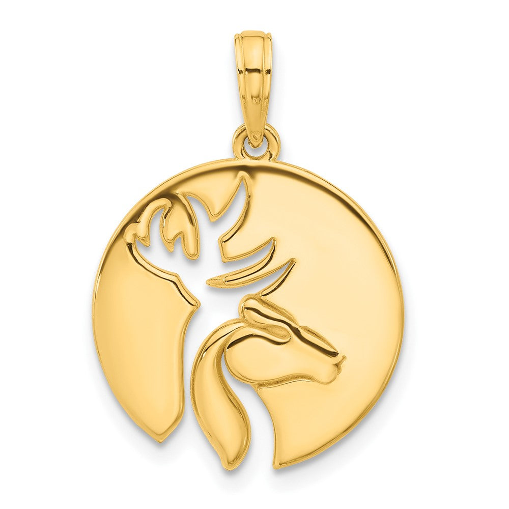 14k Polished Cut-out Deer Head Circle Pendant-D5270