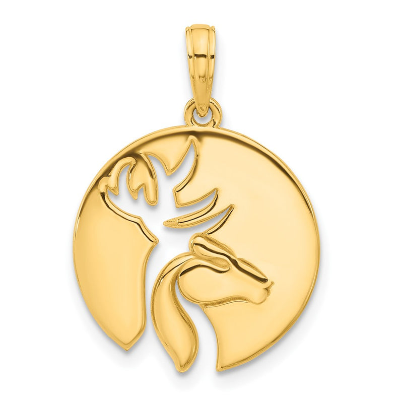 14k Polished Cut-out Deer Head Circle Pendant-D5270