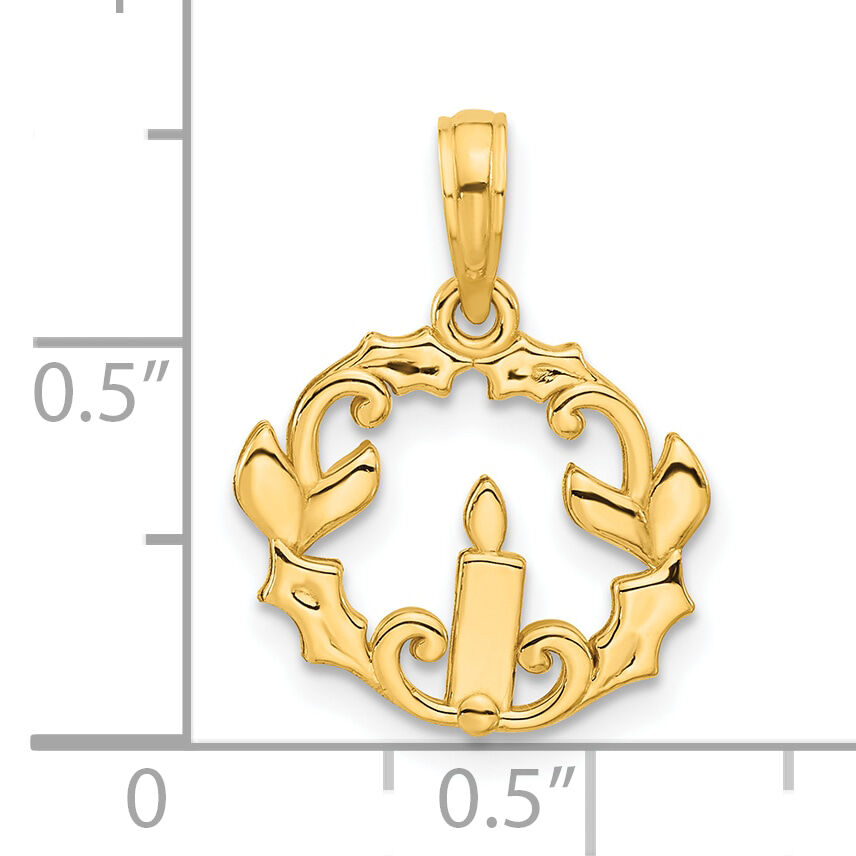 14k Polished Candle with Holly Circle Pendant-D5314
