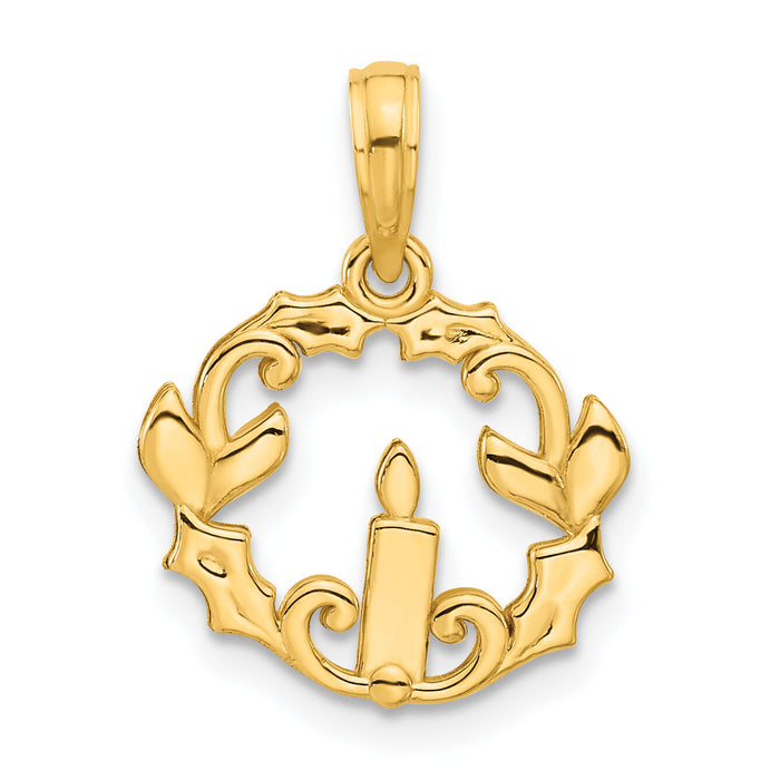 14k Polished Candle with Holly Circle Pendant-D5314