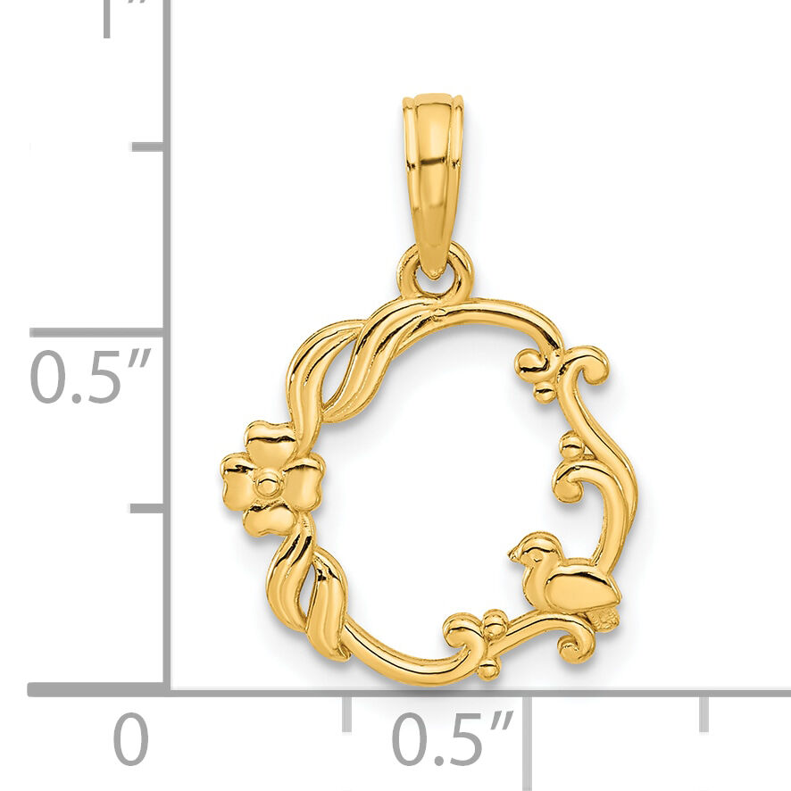 14k Polished Floral with Bird Circle Pendant-D5335