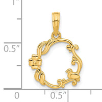 14k Polished Floral with Bird Circle Pendant-D5335