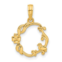 14k Polished Floral with Bird Circle Pendant-D5335
