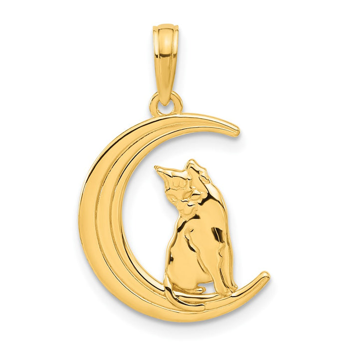 14k Polished Cat Sittin On Moon Pendant-D5345