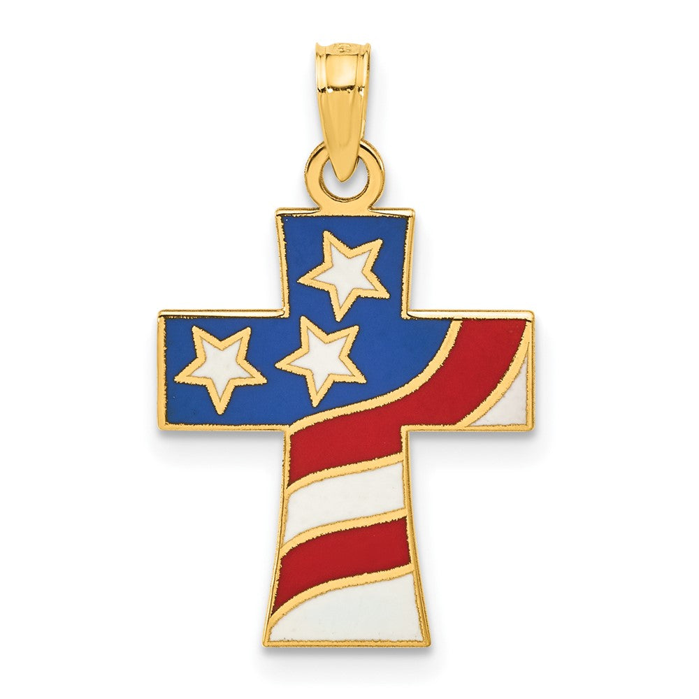 14k Polished and Enameled American Flag Cross Pendant-D5367