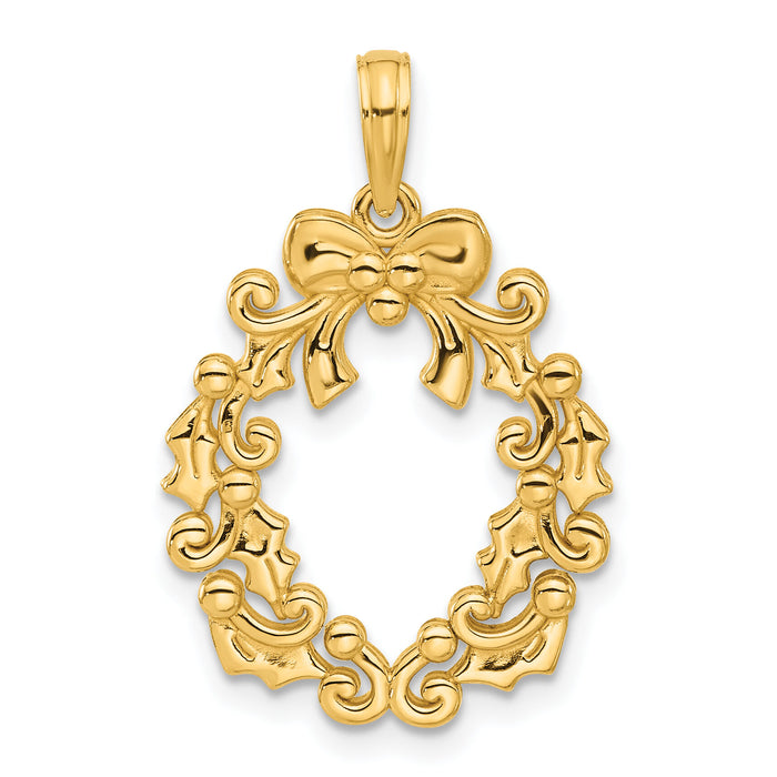 14k Polished Christmas Wreath Pendant-D5413