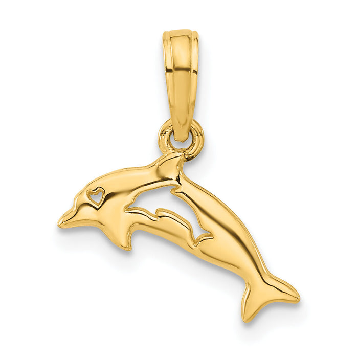 14k Polished Dolphin with Cut-out Baby Dolphin Pendant-D5414