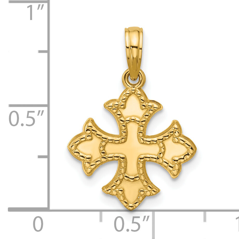 14K Polished Beaded  Fleur de Lis Cross Pendant-D5731