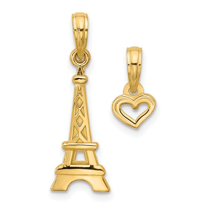 14K Polished and Satin Eiffel Tower with Separate Heart Pendant Set-D5746