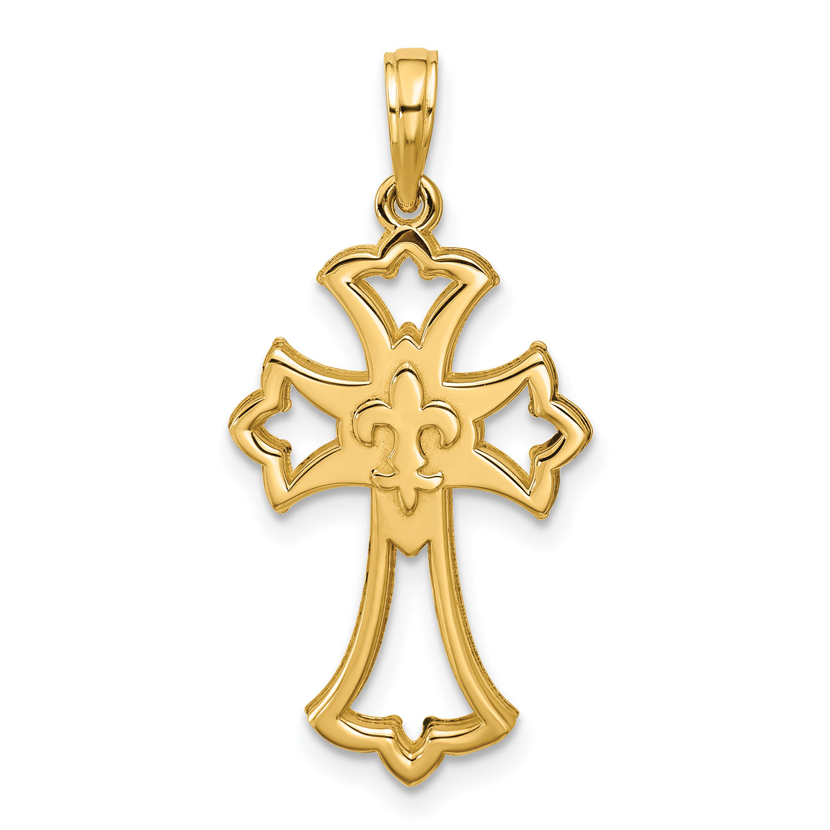 14K Polished Fleur De Lis Cross Pendant-D5848