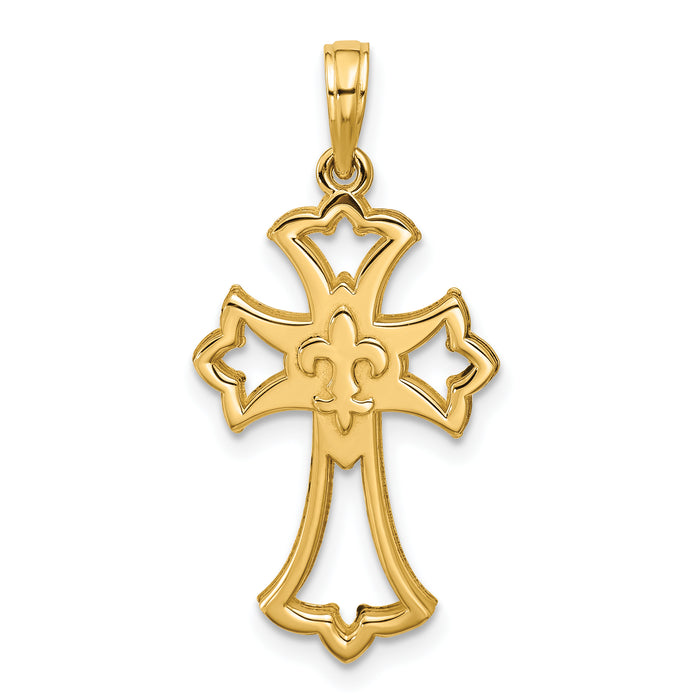 14K Polished Fleur De Lis Cross Pendant-D5848