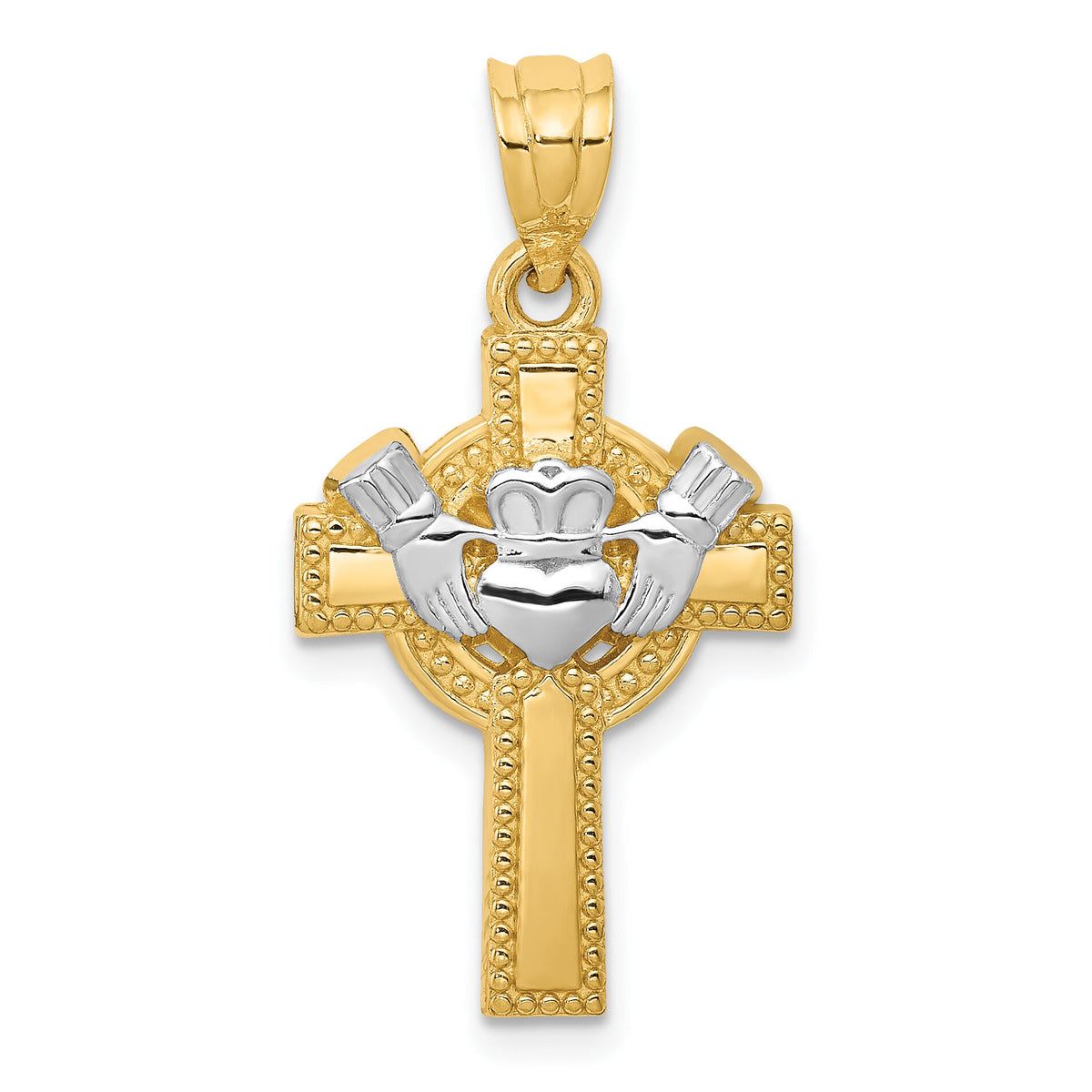 14ky and Rhodium Accent Claddagh Cross Pendant-D859