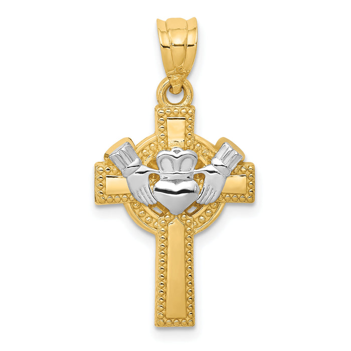 14ky and Rhodium Accent Claddagh Cross Pendant-D859