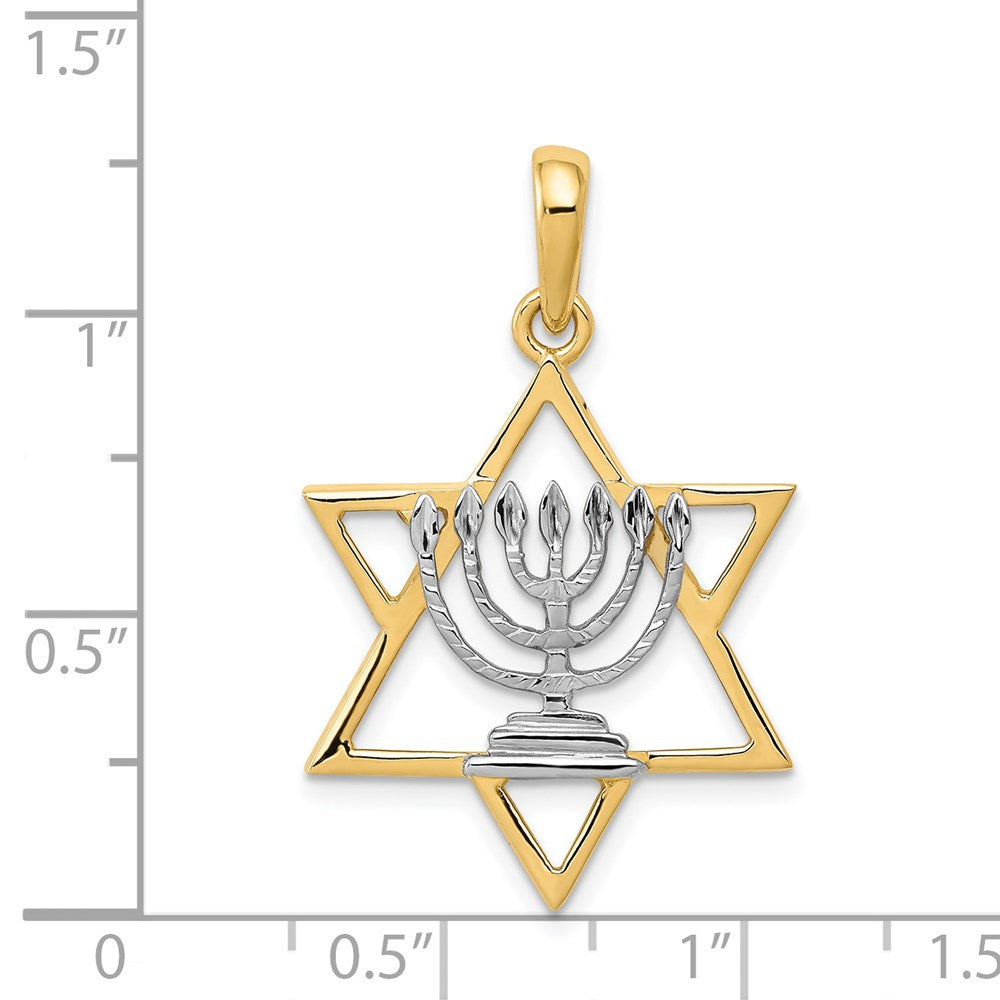 14K w/ White Rhodium Solid Menorah In Star Of David Charm-D896