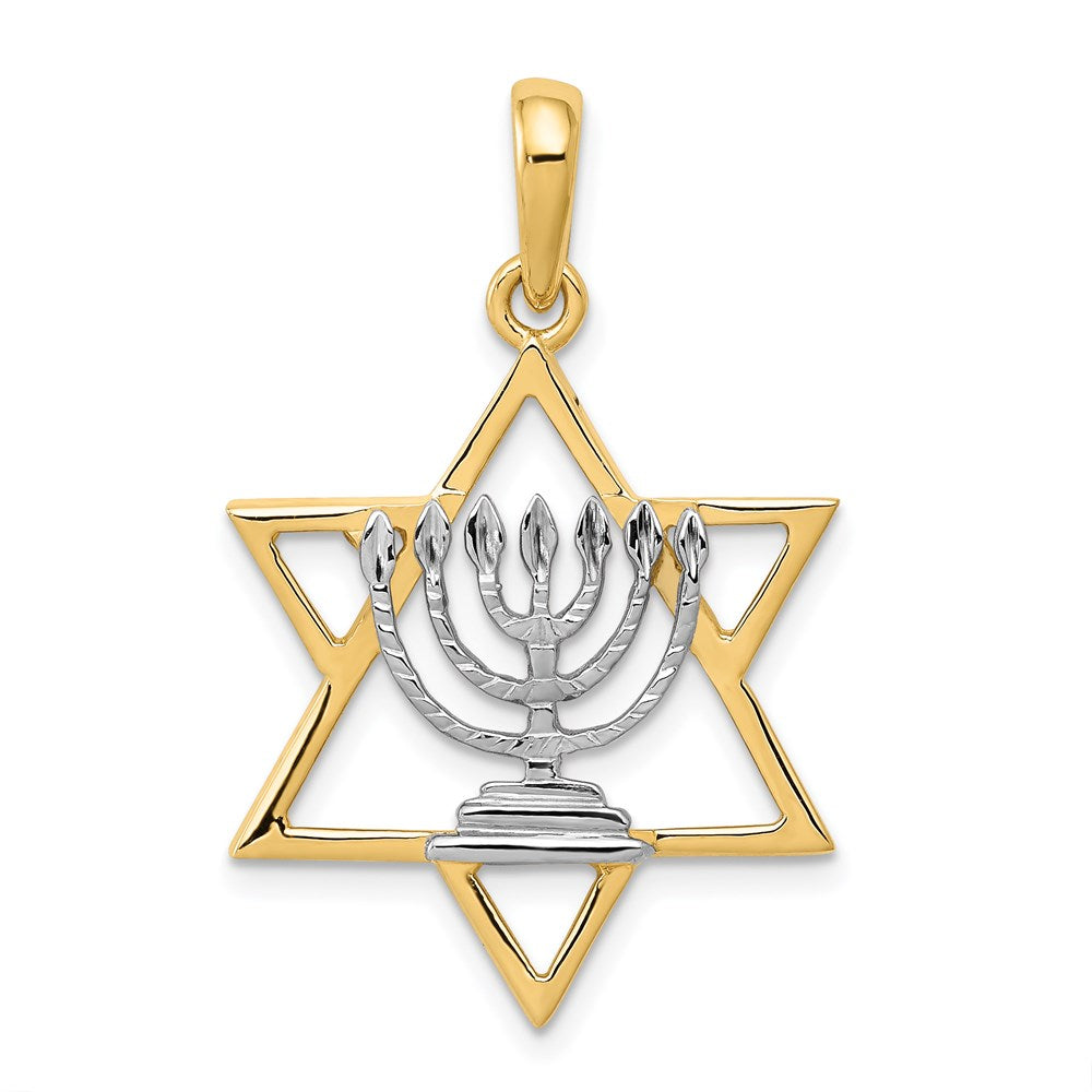14K w/ White Rhodium Solid Menorah In Star Of David Charm-D896