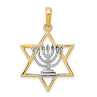 14K w/ White Rhodium Solid Menorah In Star Of David Charm-D896