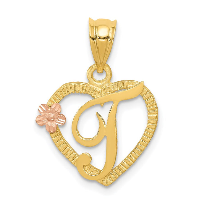 14k Two-Tone Heart Letter T  Initial Pendant-D898T