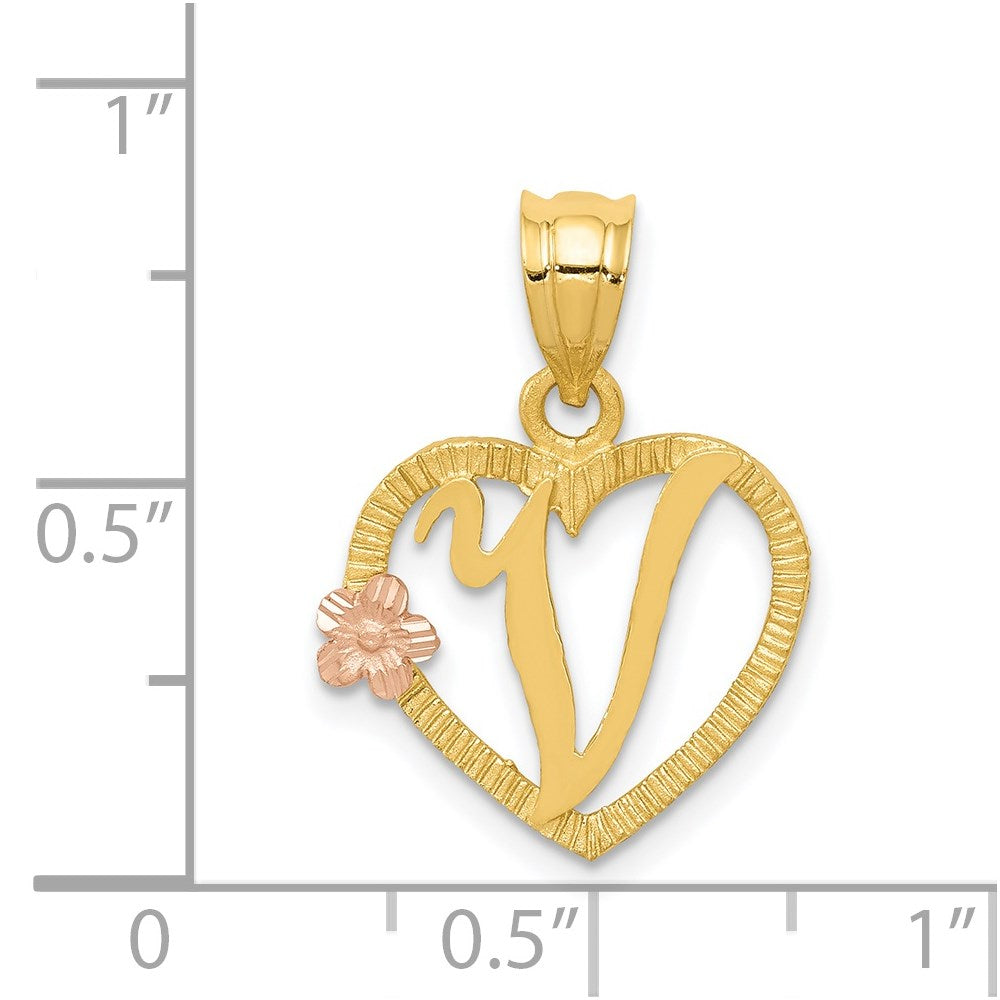 14k Two-Tone Heart Letter V  Initial Pendant-D898V