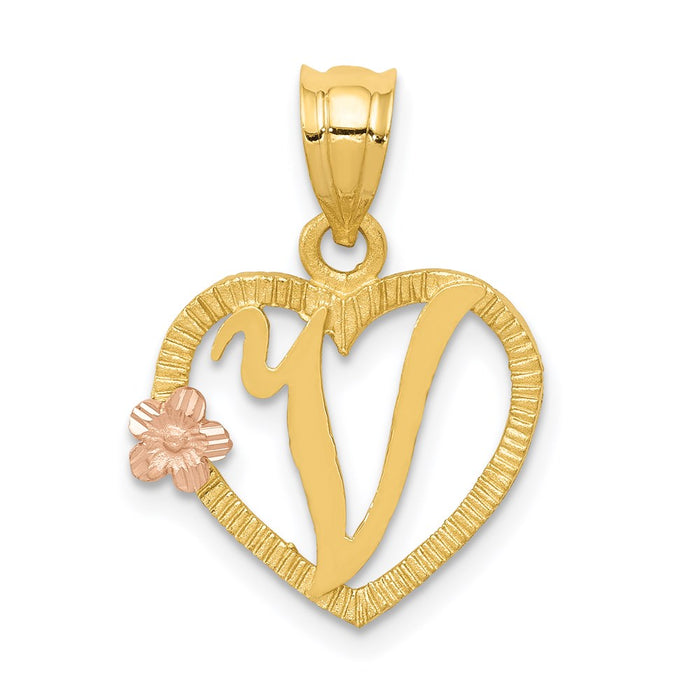 14k Two-Tone Heart Letter V  Initial Pendant-D898V