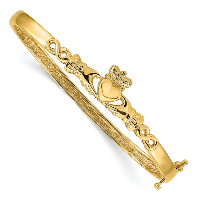 14k 4mm Diamond-cut Claddagh Hinged Bangle Bracelet-DB249