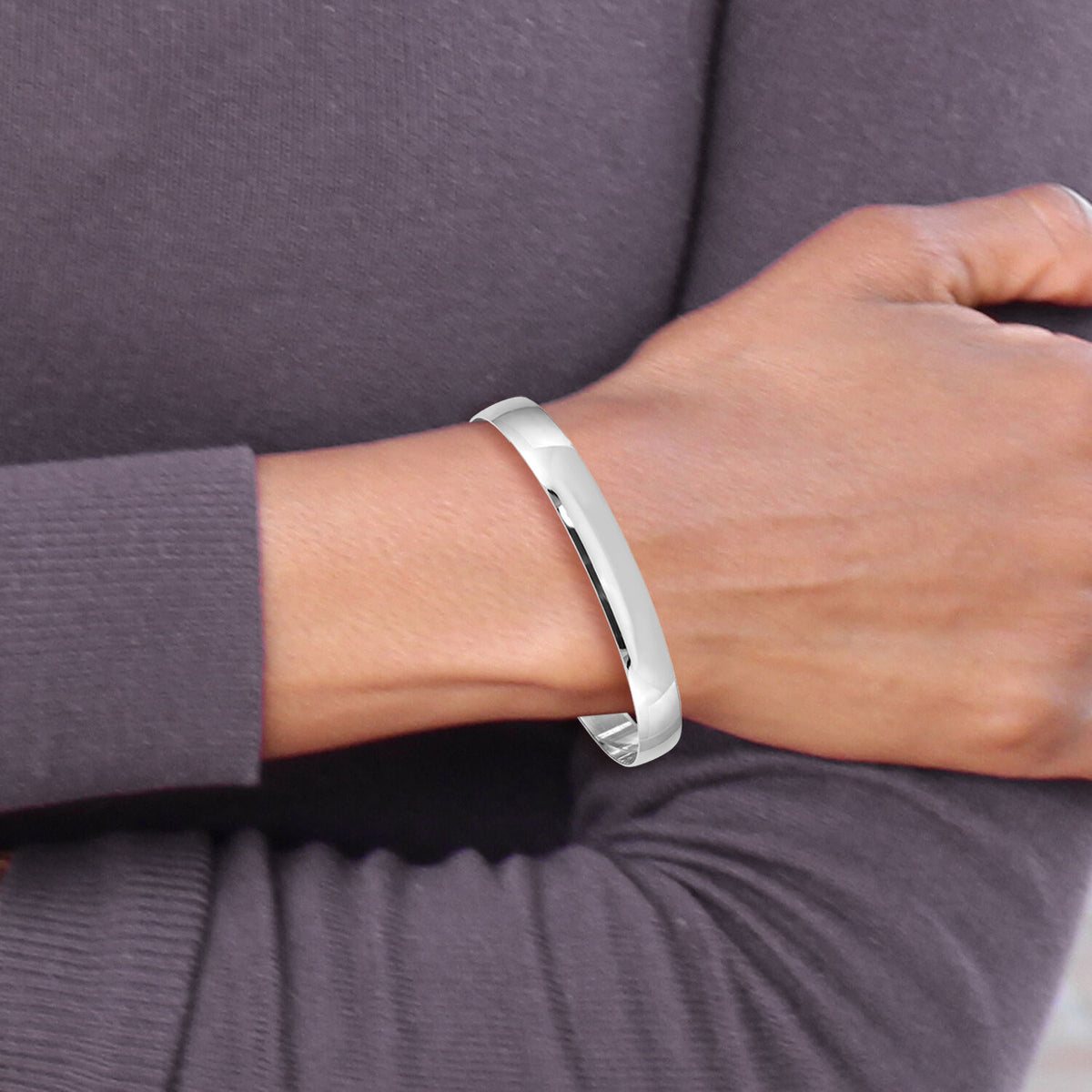 14k White Gold 8mm Solid Polished Half-Round Slip-On Bangle-DB313
