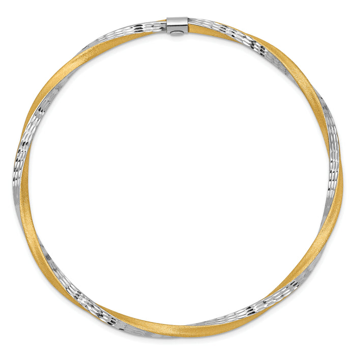 14k and White Rhodium 3mm Satin Diamond-cut Twist Slip-on Bangle-DB493