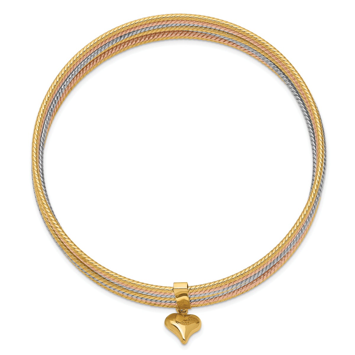 14K w/ Dangle Heart Tri-color Set of 7 Textured Slip-on Bangles-DB533