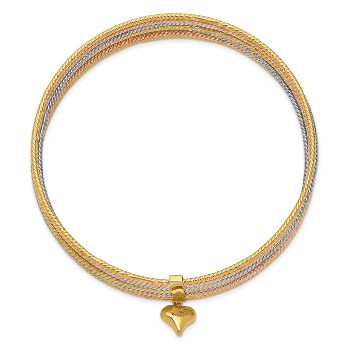 14K w/ Dangle Heart Tri-color Set of 7 Textured Slip-on Bangles-DB533