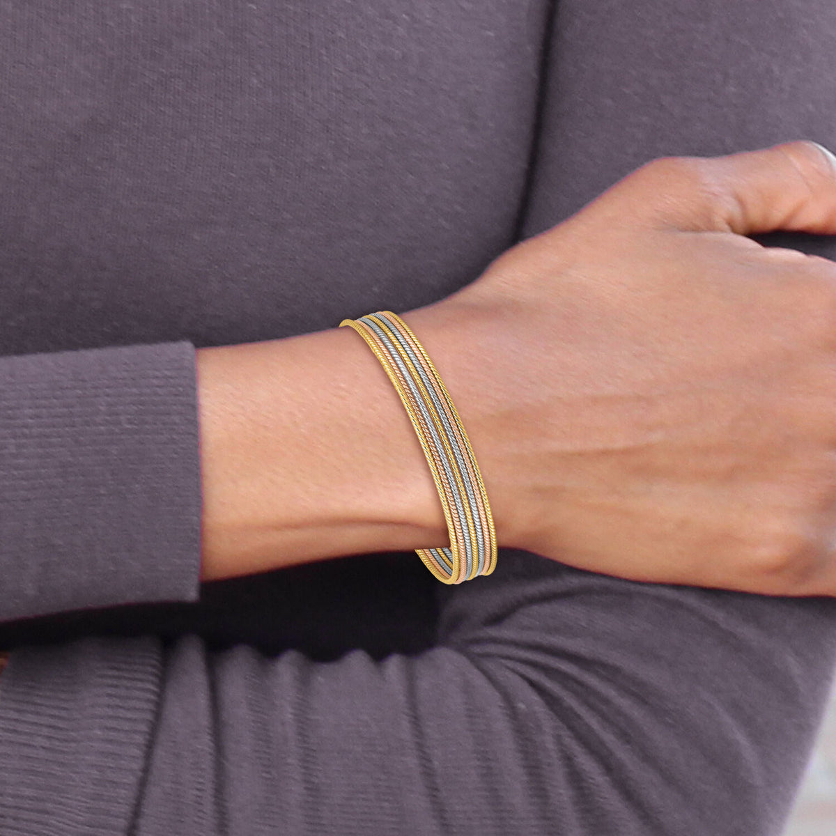 14K w/ Dangle Heart Tri-color Set of 7 Textured Slip-on Bangles-DB533