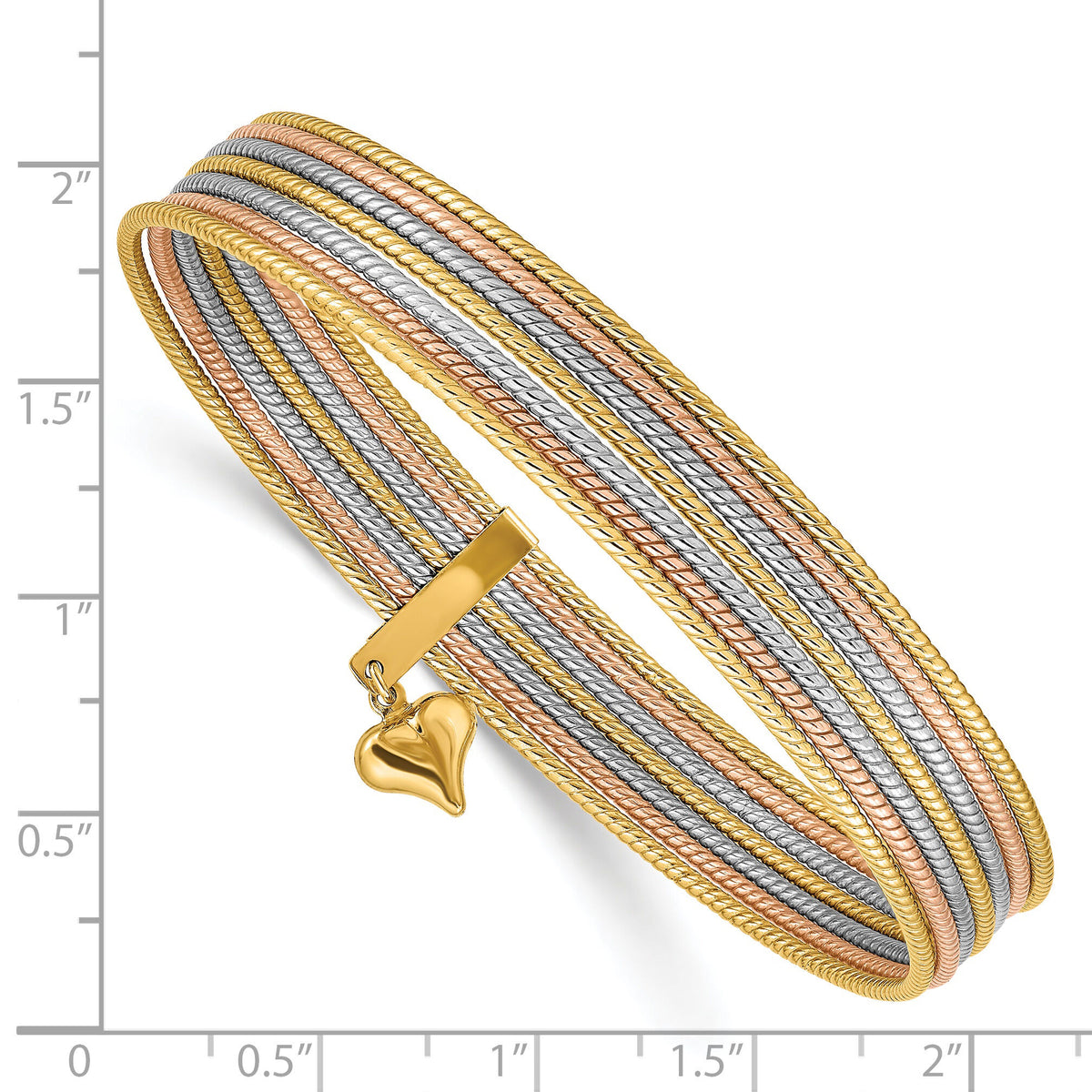 14K w/ Dangle Heart Tri-color Set of 7 Textured Slip-on Bangles-DB533