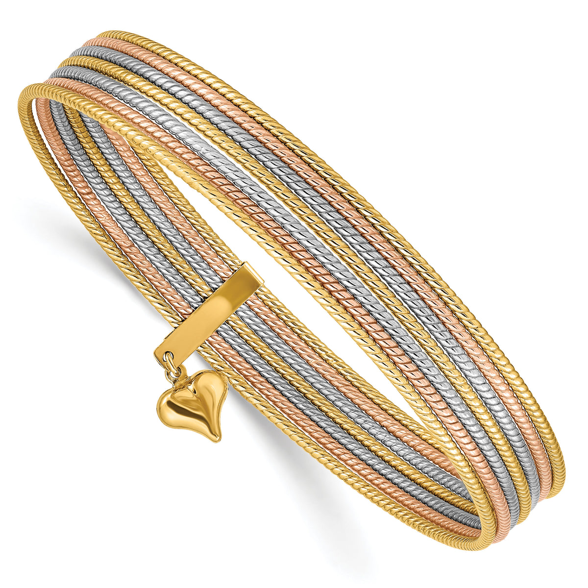 14K w/ Dangle Heart Tri-color Set of 7 Textured Slip-on Bangles-DB533