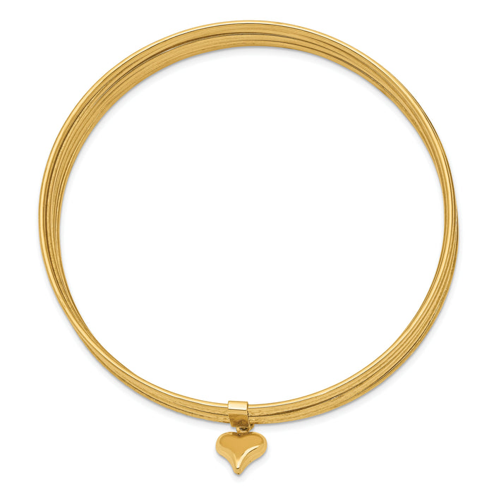 14K Oversized w/ Dangle Heart Set of 7 Slip-on Textured Bangles-DB534O
