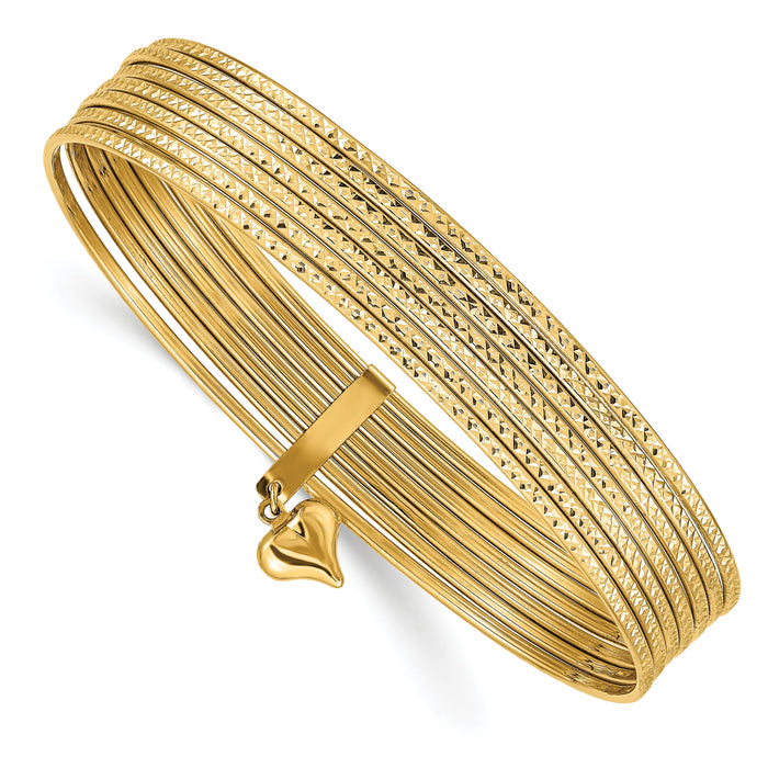 14K Oversized w/ Dangle Heart Set of 7 Slip-on Textured Bangles-DB534O