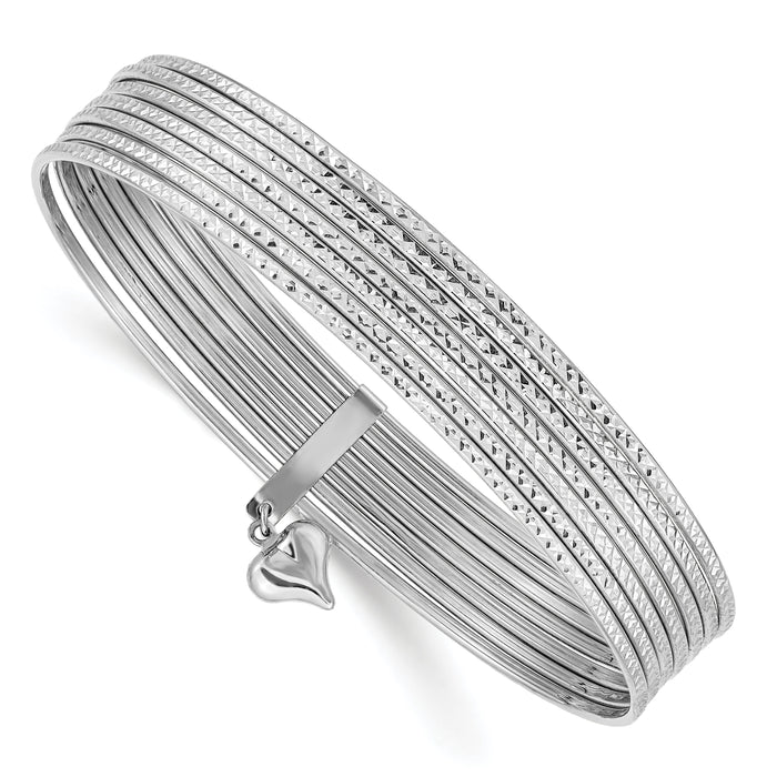 14K WG Oversized w/ Dangle Heart Textured Set of 7 Slip-on Bangles-DB535O