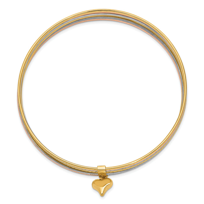 14K w/Dangle Heart Tri-color Set of 7 Textured Slip-on Bangles-DB536
