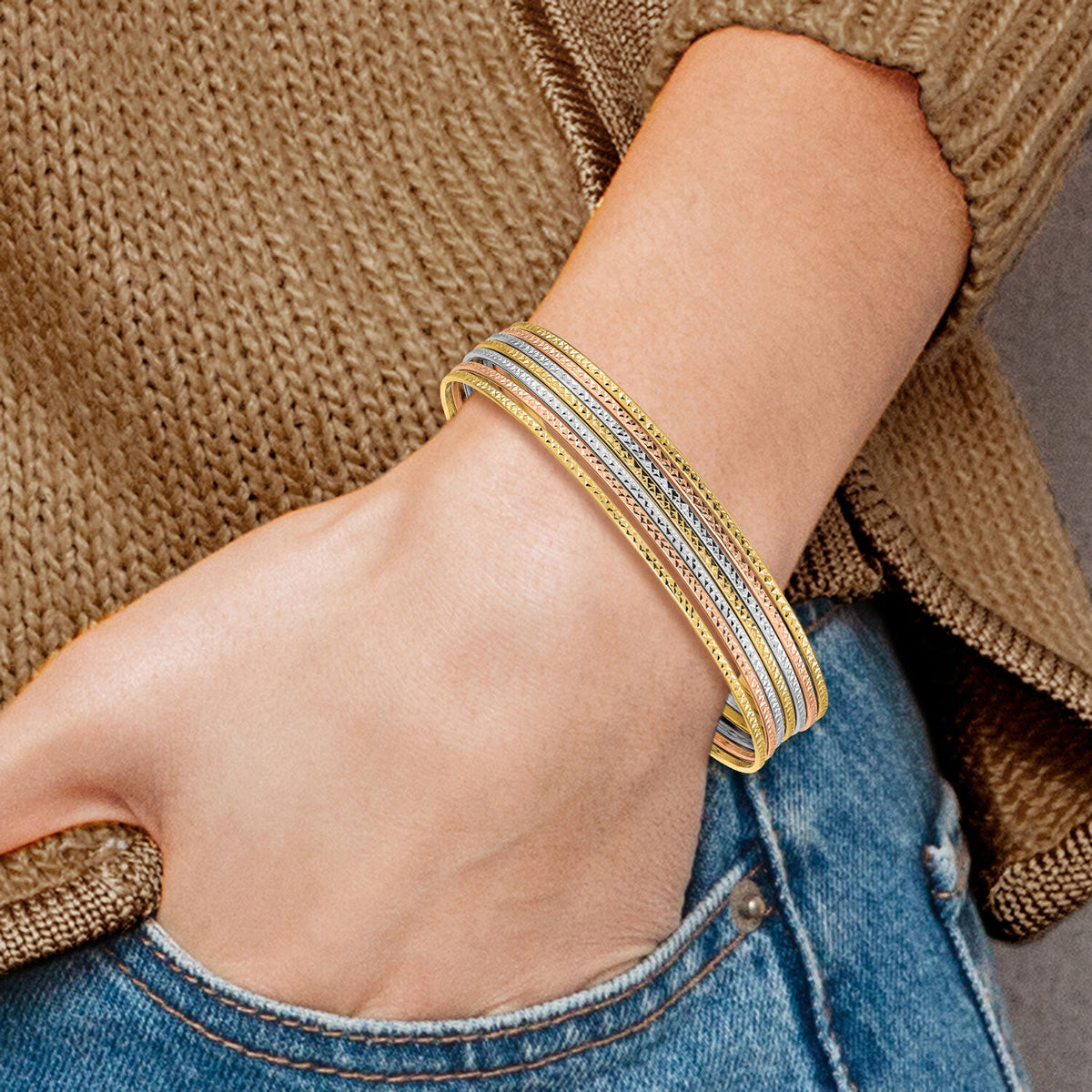 14K w/Dangle Heart Tri-color Set of 7 Textured Slip-on Bangles-DB536